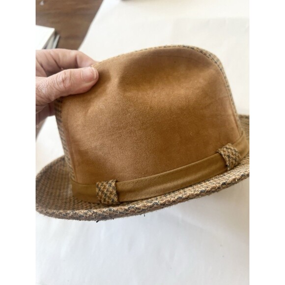 VINTAGE MID CENTURY STEVENS MENS WOOL TWEED & SUEDE FEDORA HAT  6 7/8 S/M 1960s - Picture 7 of 9